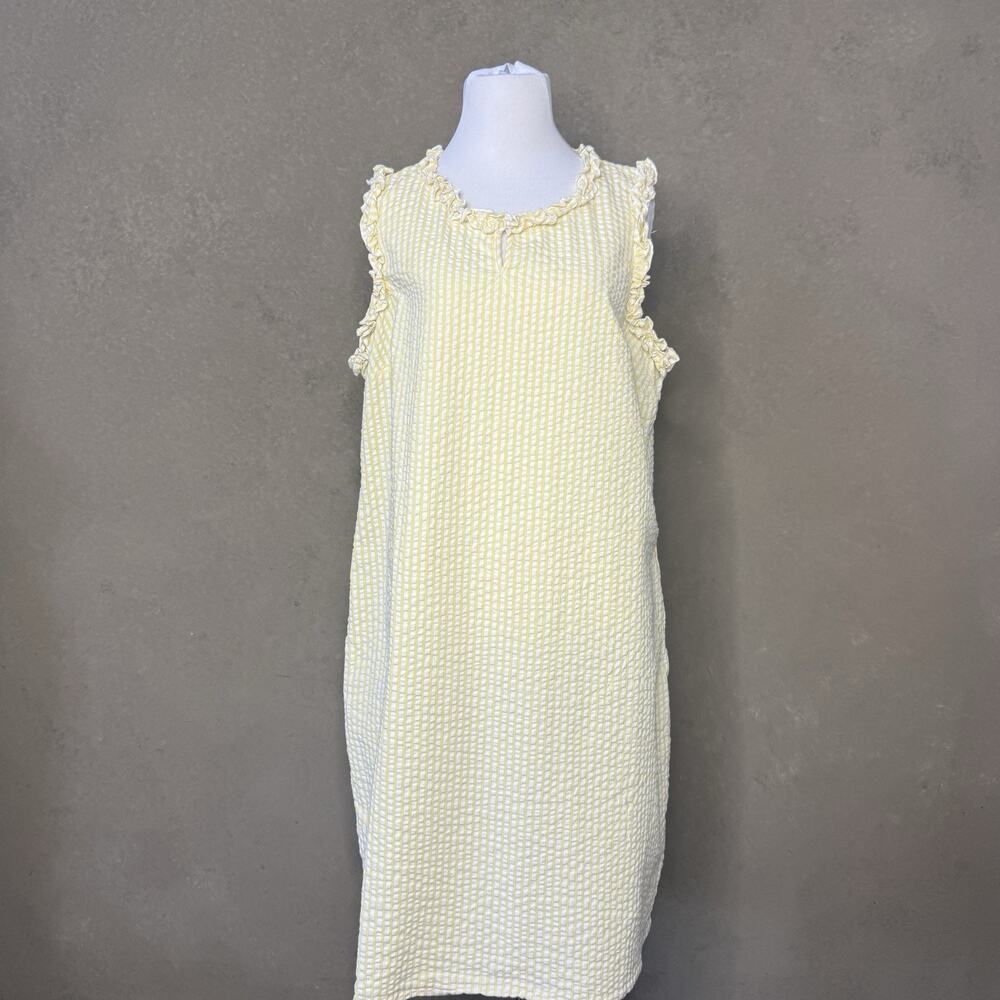 Kim Rogers Yellow White Striped Seersucker Shift Dress Ruffle Trim XL